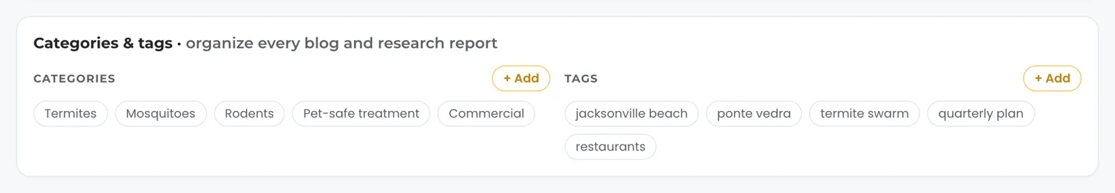The Categories and tags card for a fictional pest control company: categories such as termites, mosquitoes and pet-safe treatment, town and topic tags, and an Add control on each.