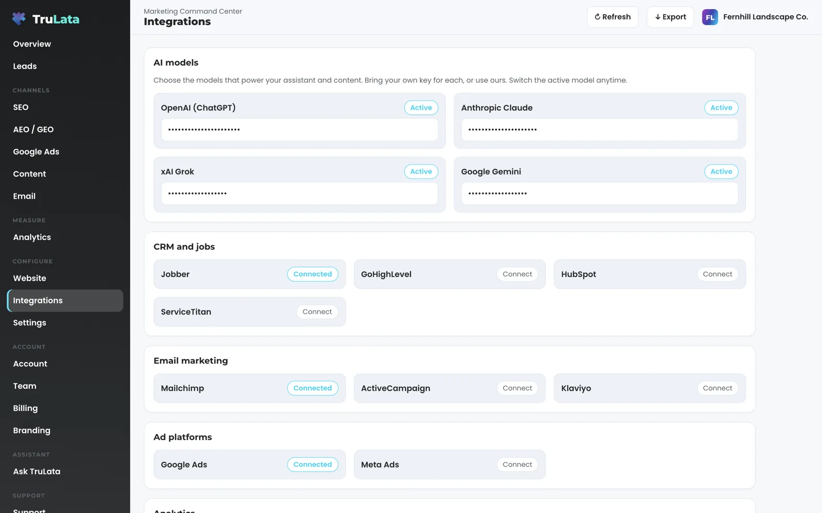 The Integrations view for a fictional landscaper: answer-engine keys marked Active, then CRM and jobs, email marketing and ad platforms, each account marked Connected or offering Connect.